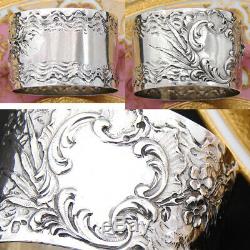 Antique French Sterling Silver 2 Napkin Ring, Louis XV or Rococo Style, Floral