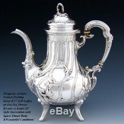 Antique French Sterling Silver 8.5 Duet Sized Coffee or Tea Pot, Louis XV Style