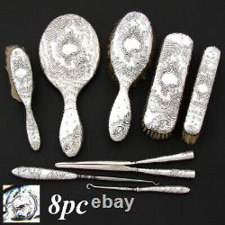 Antique French Sterling Silver Louis XVI Style 8pc Vanity Mirror & Brush Set
