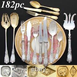 Antique French Sterling Silver & Vermeil 182pc Flatware Set, 10pc for 18, Chests