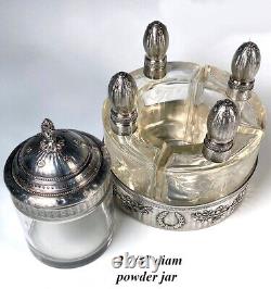 Antique French Sterling Silver and Crystal 4 Scent Bottle Caddy and Powder Jar