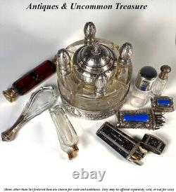 Antique French Sterling Silver and Crystal 4 Scent Bottle Caddy and Powder Jar