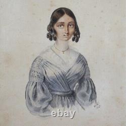 Antique French Watercolor Portrait Woman King Louis-Philippe Period, Signed 1842