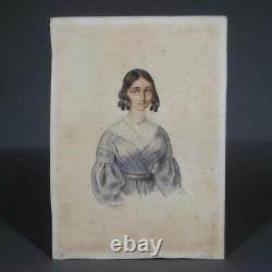 Antique French Watercolor Portrait Woman King Louis-Philippe Period, Signed 1842