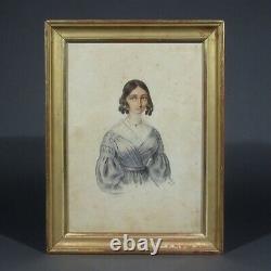 Antique French Watercolor Portrait Woman King Louis-Philippe Period, Signed 1842