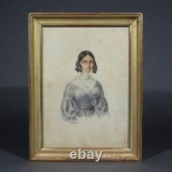 Antique French Watercolor Portrait Woman King Louis-Philippe Period, Signed 1842