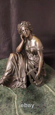 Antique French bronze of the Muse of Music by Alfred Louis, Medium Brown