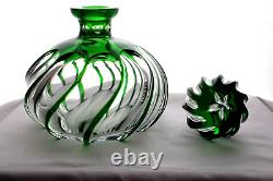 Antique French emerald green cut to clear crystal large perfume bottle c 1900