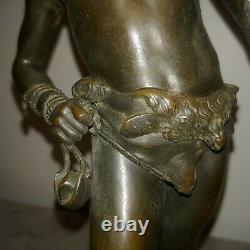Antique French nude bronze sculpture David lion pelt by Louis Moreau 1890s