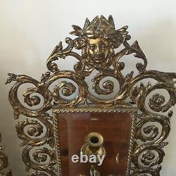 Antique French pair brass girandoles wall mirror with 3 sconces Louis XV Style