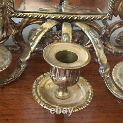 Antique French pair brass girandoles wall mirror with 3 sconces Louis XV Style