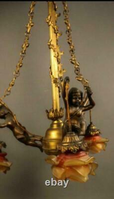 Antique French putti cherubs 3 arms chandelier pendant bronze Louis XVI