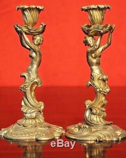 Antique French rococo gold gilt bronze ormolu candlesticks Louis XV caryatid
