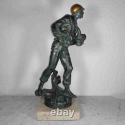 Antique French sculpture fireman saving child marble base by Louis Moreau 1890