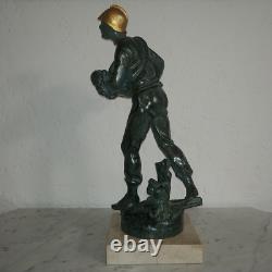 Antique French sculpture fireman saving child marble base by Louis Moreau 1890