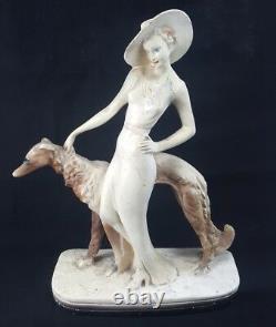 Antique LOUIS ICART FIGURINE Plaster Art Nouveau Woman with Greyhound FRENCH