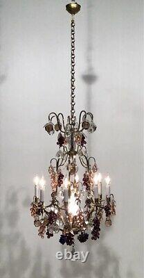 Antique Large 1890 French Louis XV Gilded Bronze Chandelier Murano Fruits