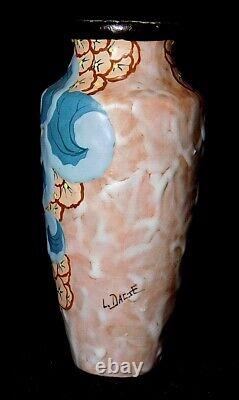 Antique Louis Dage Artist Signed French Art Nouveau Pottery Vase w Flowers