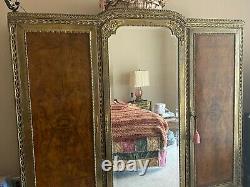 Antique Louis VI Style French Brass and Burl Walnut mirrored Wardrobe / Armoire