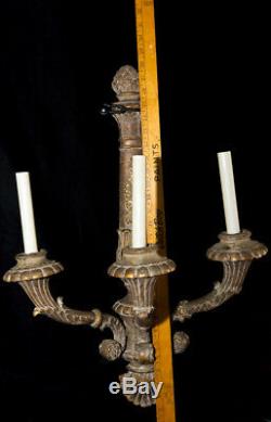 Antique Louis XIV French HUGE Wooden 3 Arm Candle Wall Sconce Hand Carved 28.5H