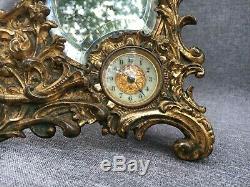 Antique Louis XV style french table clock mirror bronze 19th century