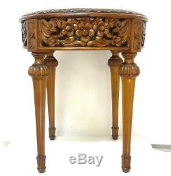 Antique Louis XVI French Side Table Hand Carved Flowers & Leaves Carrara Marble