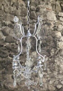 Antique Original French Louis XV Crystal Chandelier Bronze Cameo Lamp Cage 3 Arm
