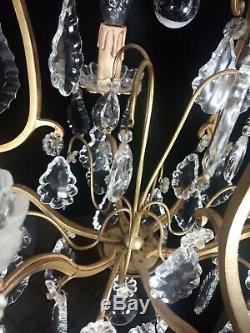 Antique Original French Louis XV Crystal Chandelier Bronze Cameo Lamp Cage 3 Arm