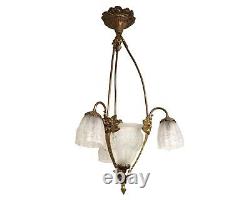 Antique Ormalou French Louis XVI 3 Arm Chandelier with Rose Petal Shades