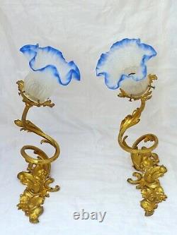 Antique PAIR French Gilded Bronze Rococo Wall Light Sconce Louis XV Rare Blue