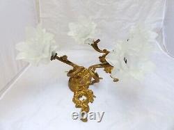 Antique PAIR French Gilded Bronze Rococo Wall Light Sconce Louis XV Rare Shade