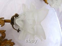 Antique PAIR French Gilded Bronze Rococo Wall Light Sconce Louis XV Rare Shade