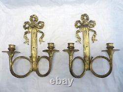 Antique PAIR French Louis XVI Wall Light Sconce Candlestick Gilded Bronze 1900