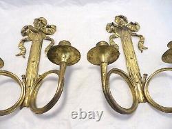 Antique PAIR French Louis XVI Wall Light Sconce Candlestick Gilded Bronze 1900