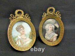 Antique PAIR French miniature paint portraits lady josephine napoleon louis XVI