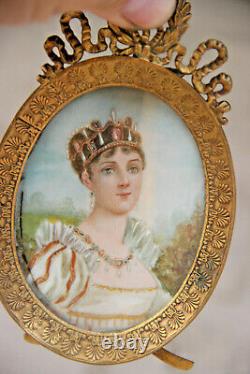 Antique PAIR French miniature paint portraits lady josephine napoleon louis XVI