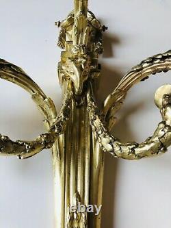 Antique Pair French Bronze Louis XV Rams Head Sconces Three Light Refitted