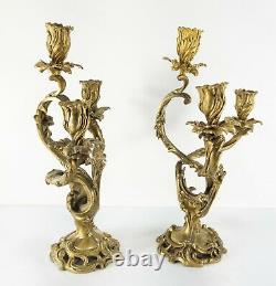 Antique Pair French Gilt Bronze Louis XV Style Rococo Candelabra Candlesticks