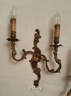 Antique Pair French Louis XV Rococo Gilt Bronze 2 Arm Candle Sconces Wall Lamps
