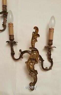 Antique Pair French Louis XV Rococo Gilt Bronze 2 Arm Candle Sconces Wall Lamps