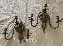 Antique Pair French Louis XV Style Bronze Brass Wall Sconces 3 Arm