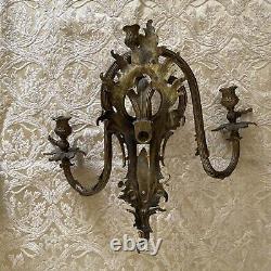 Antique Pair French Louis XV Style Bronze Brass Wall Sconces 3 Arm