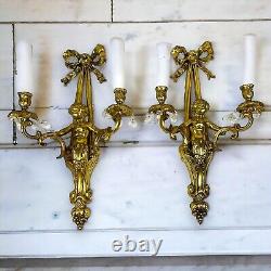 Antique Pair French Louis XVI Style Cherub Brass Scone Candel Holder Candelabra