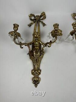 Antique Pair French Louis XVI Style Cherub Brass Scone Candel Holder Candelabra