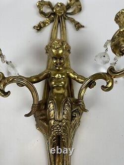 Antique Pair French Louis XVI Style Cherub Brass Scone Candel Holder Candelabra