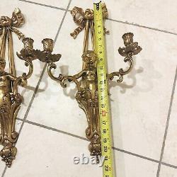 Antique Pair French Louis XVI Style Cherub Brass Scone Candel Holder Candelabra