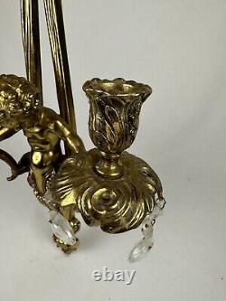 Antique Pair French Louis XVI Style Cherub Brass Scone Candel Holder Candelabra