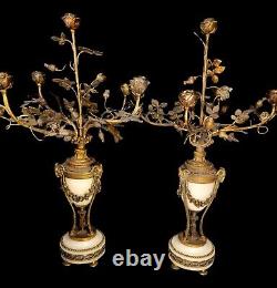 Antique Pair French Ormolu Bronze and Marble 5 Light Candelabra