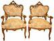 Antique Pair French Walnut Louis Xv Style Heavily Carved Bergere Armchairs 19th
