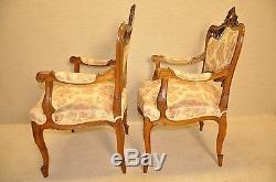 Antique Pair French Walnut Louis XV Style Heavily Carved Bergere Armchairs 19th
